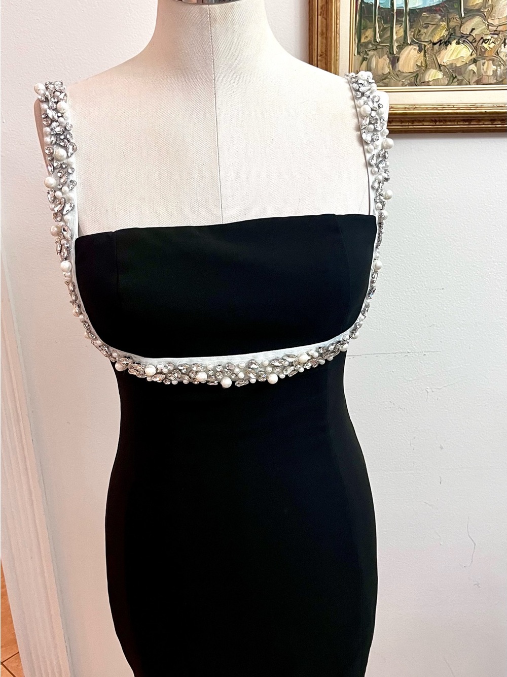 Fashion Nova Black Mini Dress with Pearl & Crystal Trim